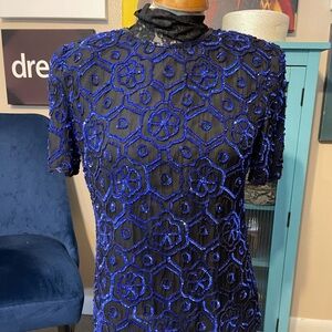 Laurence Kazar Black and Blue Beaded Top